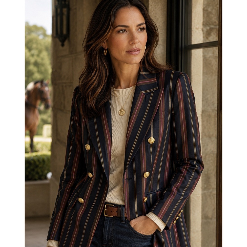 Banana Republic Navy Striped ICON Double Breasted Blazer Gold Crest 6 WOMEN